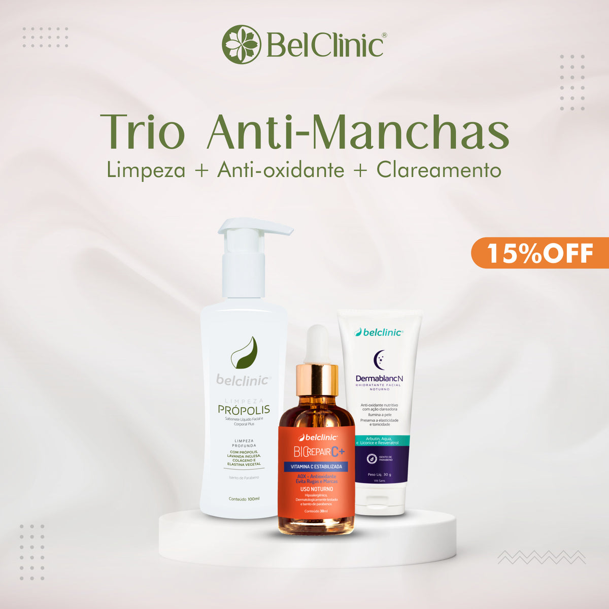 Trio ANTI-MANCHAS - Limpeza Própolis + DermaBlanc N + BioRepair C