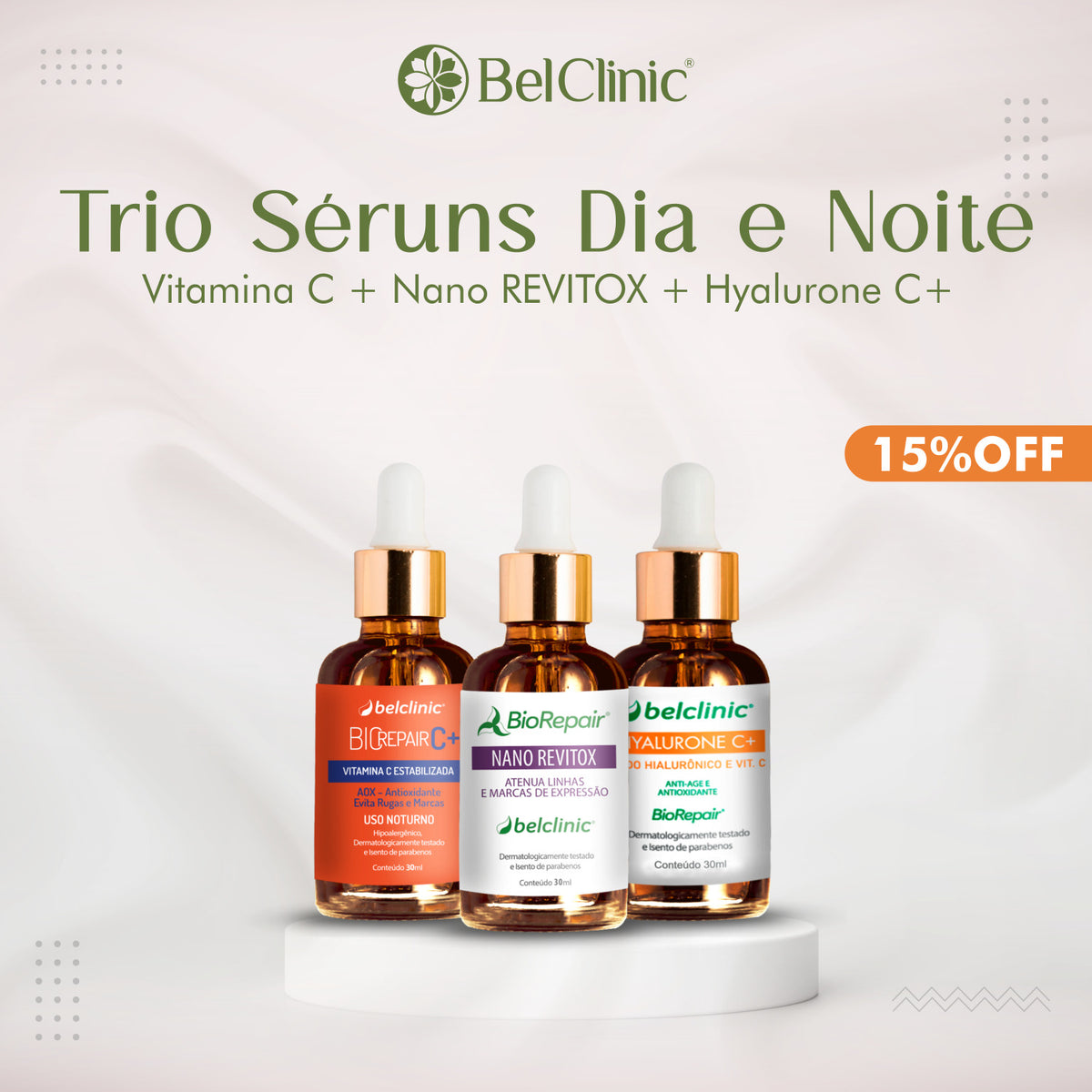 Trio DIA E NOITE: Vit. C(30ml)+Nano Revitox(30ml)+Hyalurone C+(30ml)